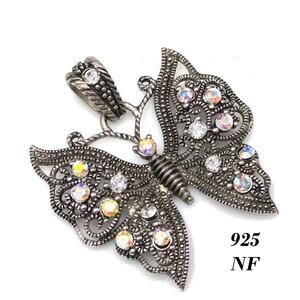 Vintage 925 Silver Butterfly Pendant, AB Rhinestones, 1990s Jewelry